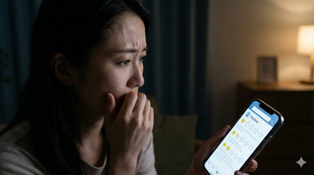 リネットの悪い口コミを見て不安そうな女性