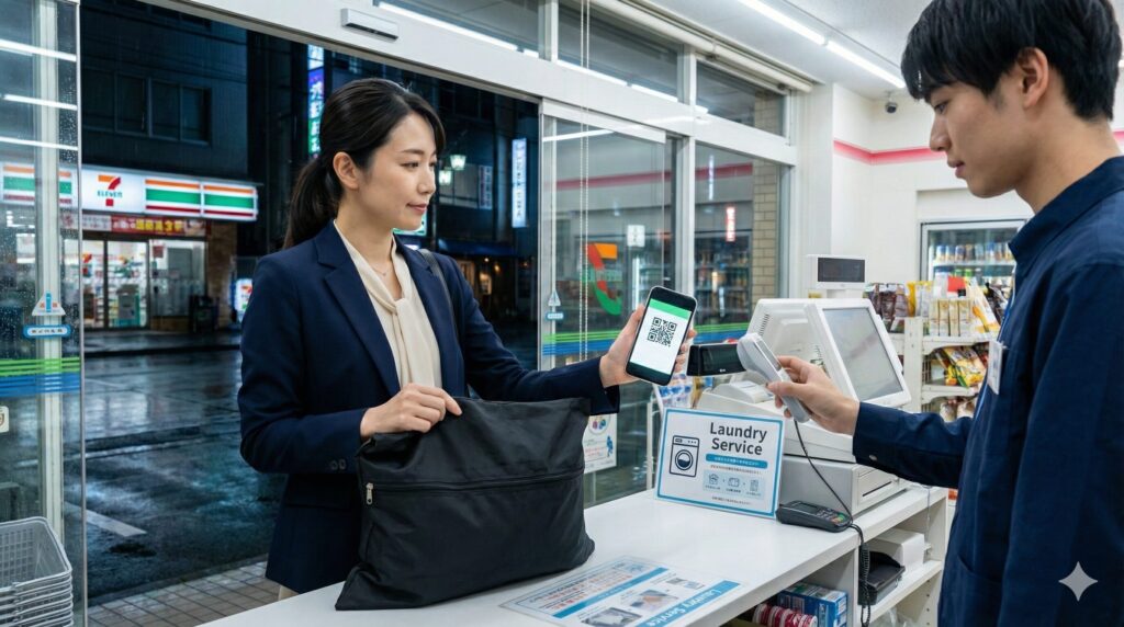 コンビニでリネットのバッグを出している様子