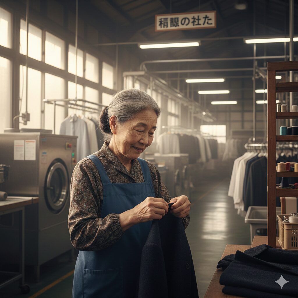 リナビスの工場で、ベテランの職人（おばちゃん）が衣類を丁寧に検品し、ほつれを直しているシーン