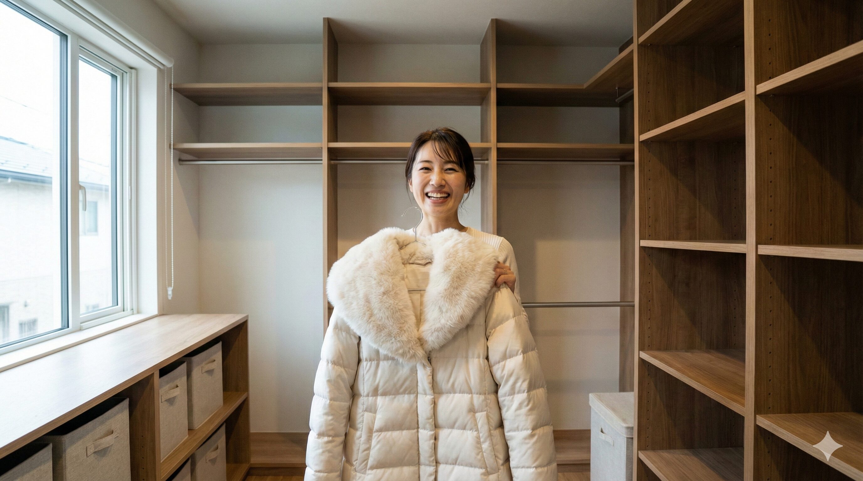 リナビスを利用してクローゼットがスッキリ片付き、ふっくら仕上がったダウンコートを手にする笑顔の女性