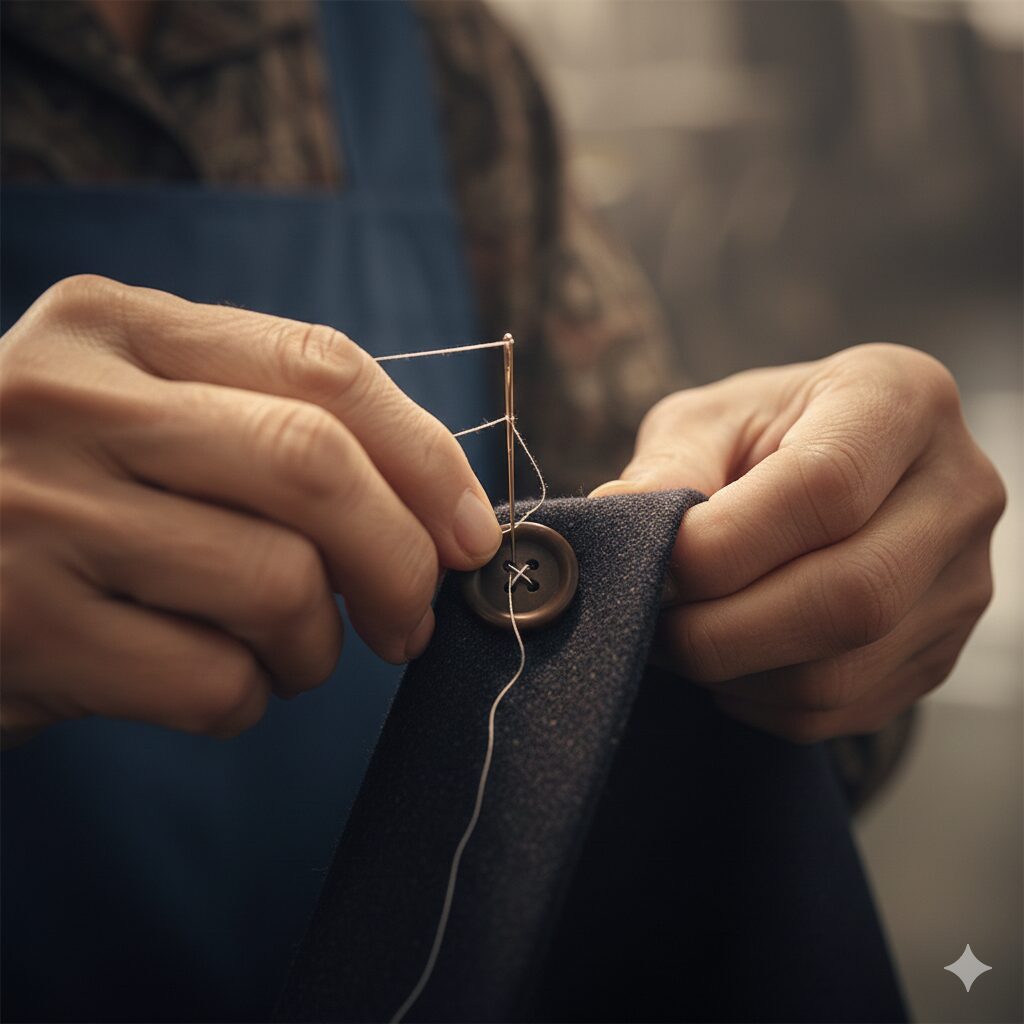 スーツのボタンを丁寧に付け直しているリナビスの職人の手元アップ