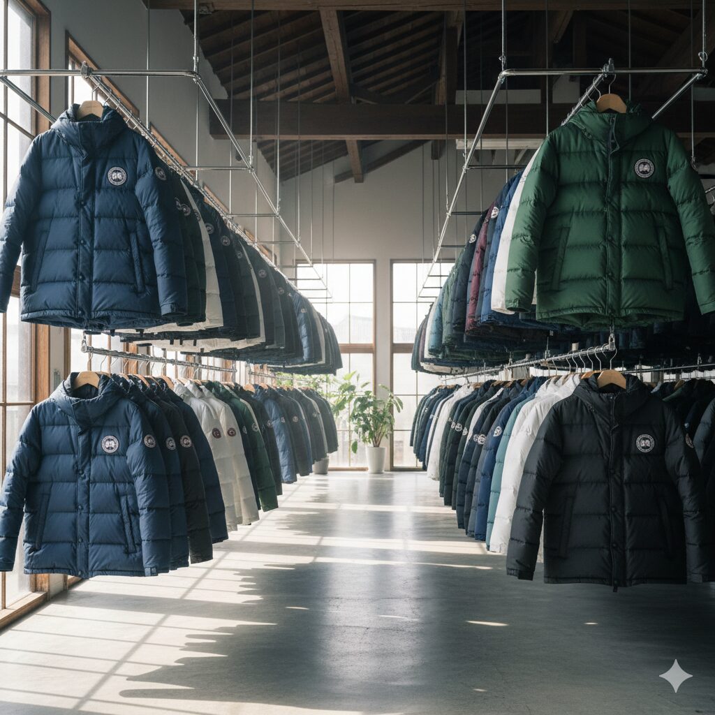 リナビスの広々とした乾燥スペースで、モンクレールなどの高級ダウンがハンガーにかけられ、自然乾燥されている様子