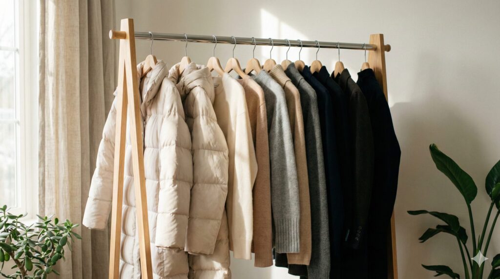 リナビスに依頼して加工が施され、ふんわりと仕上がった衣類がハンガーにかけられている清潔感のある画像
