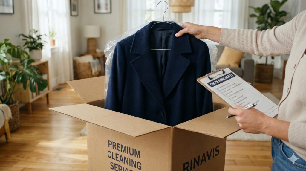 宅配クリーニングの箱が届き、すぐに開封して中身をチェックしている女性の手元。チェックリストを持っている