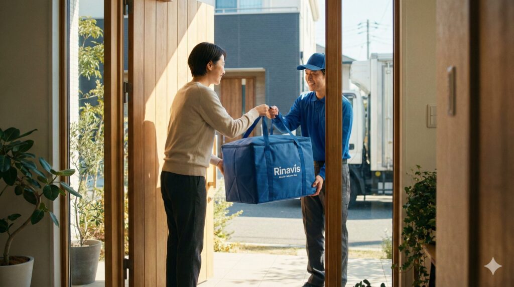 玄関先でヤマト運輸のスタッフにリナビスの集荷バッグを手渡しているシーン