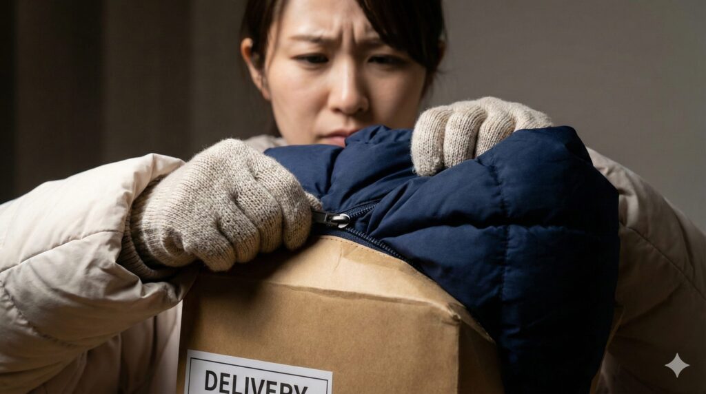 宅配クリーニング保管サービスの集荷パックに無理やり衣類を詰め込んでいる様子