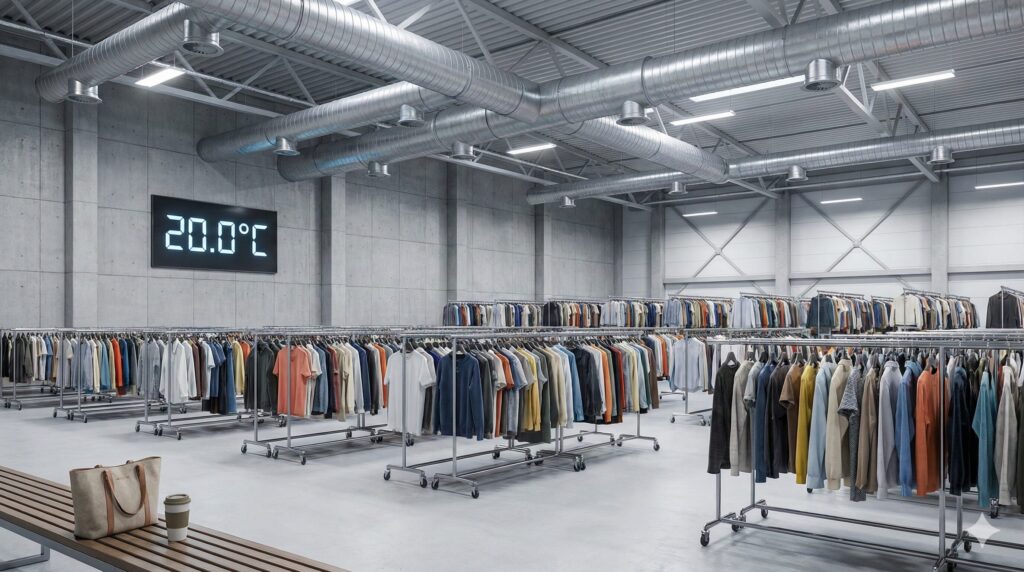 宅配クリーニングの保管倉庫の様子。空調が整っていて清潔な空間
