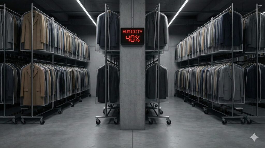 宅配クリーニングの保管サービスに出し高品質な倉庫で保管される高級なウールのスーツ