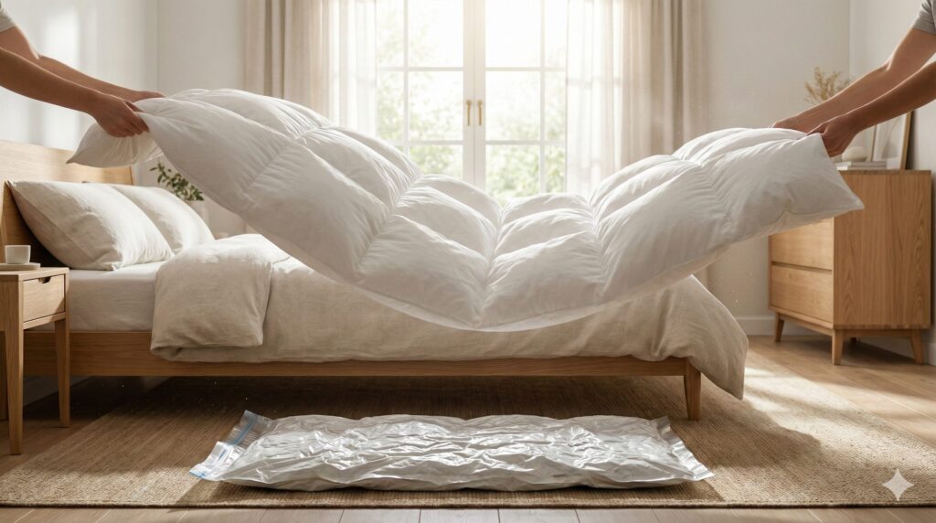 クリーニングの保管サービスから戻ってきてふかふかになった布団