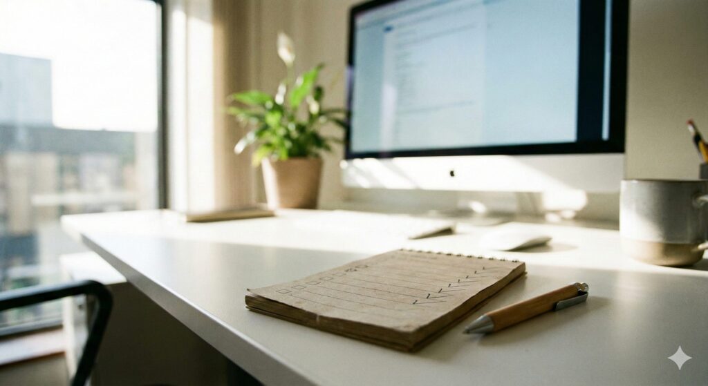 採点ルールのイメージ：チェックリストとペンが置かれたデスク