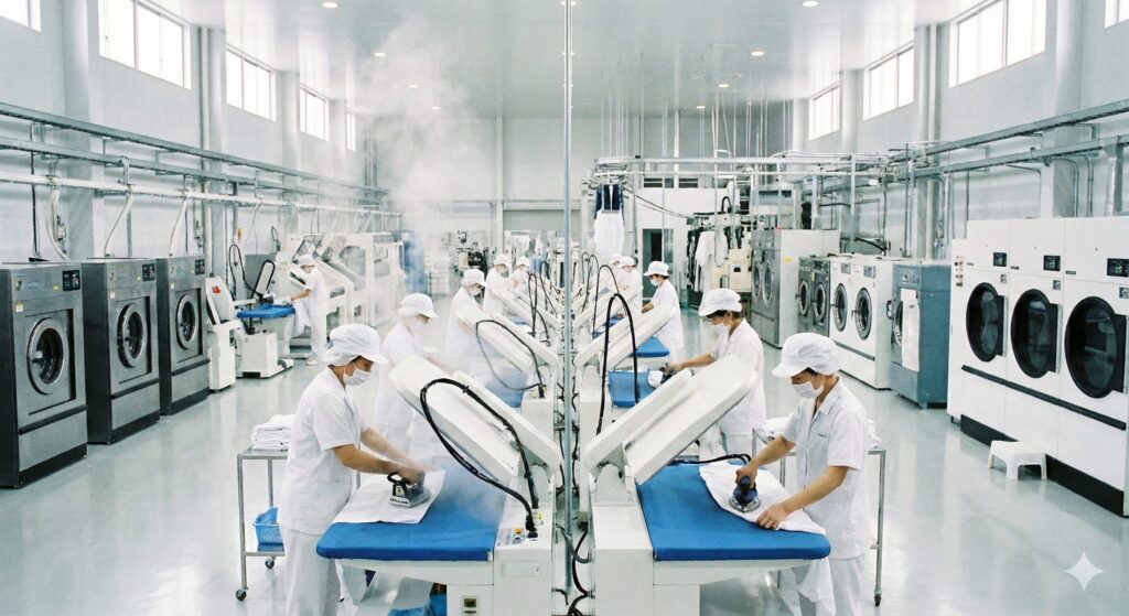 クリーニング工場でスタッフが衣類を仕上げている様子