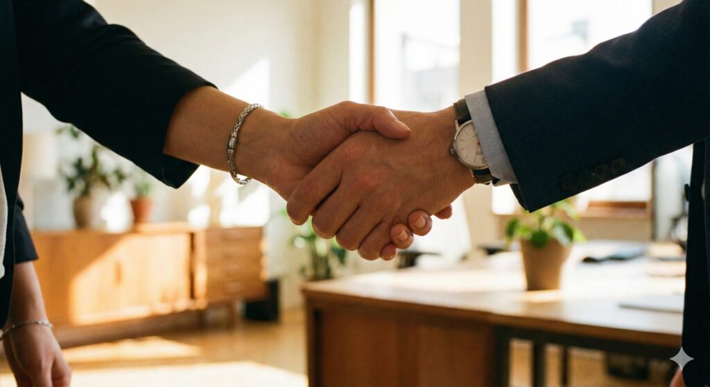 握手を交わすビジネスパーソンの手元