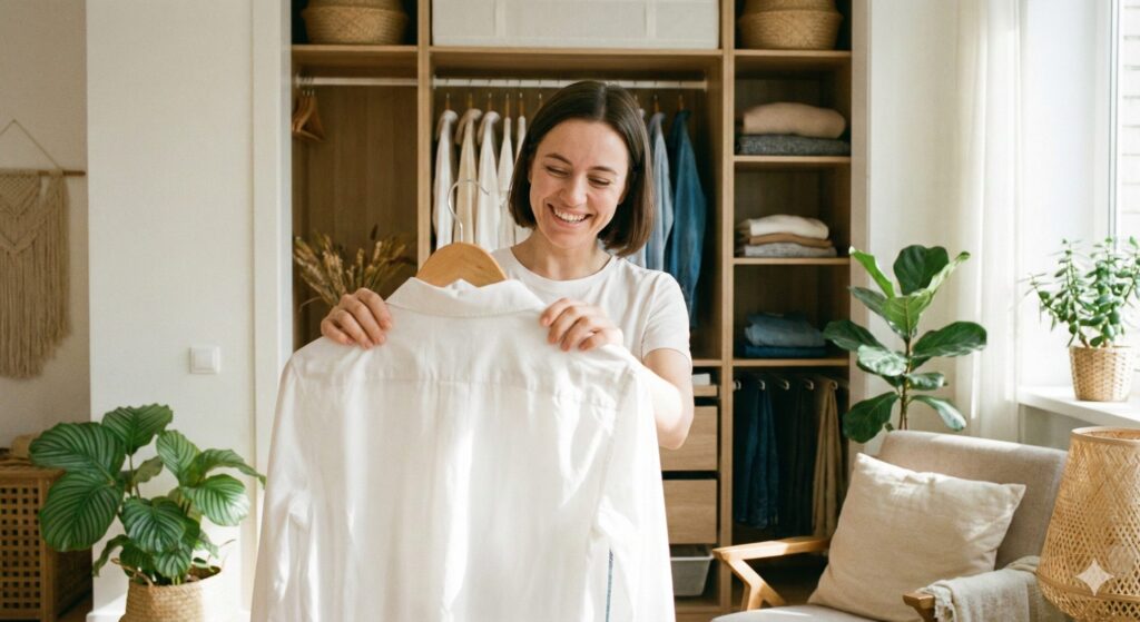 仕上がりに満足してシャツを見ている女性