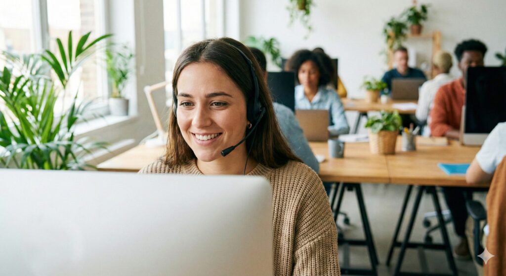 ヘッドセットをつけて笑顔で対応するカスタマーサポートのオペレーター