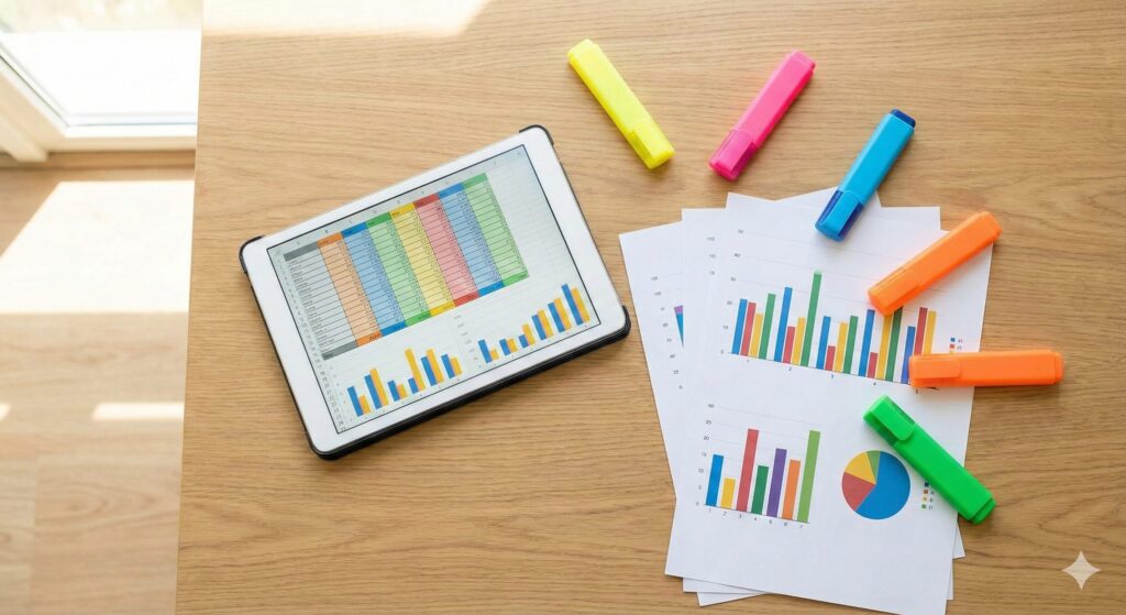 データ分析のイメージ：タブレットと棒グラフの紙が並んだデスク