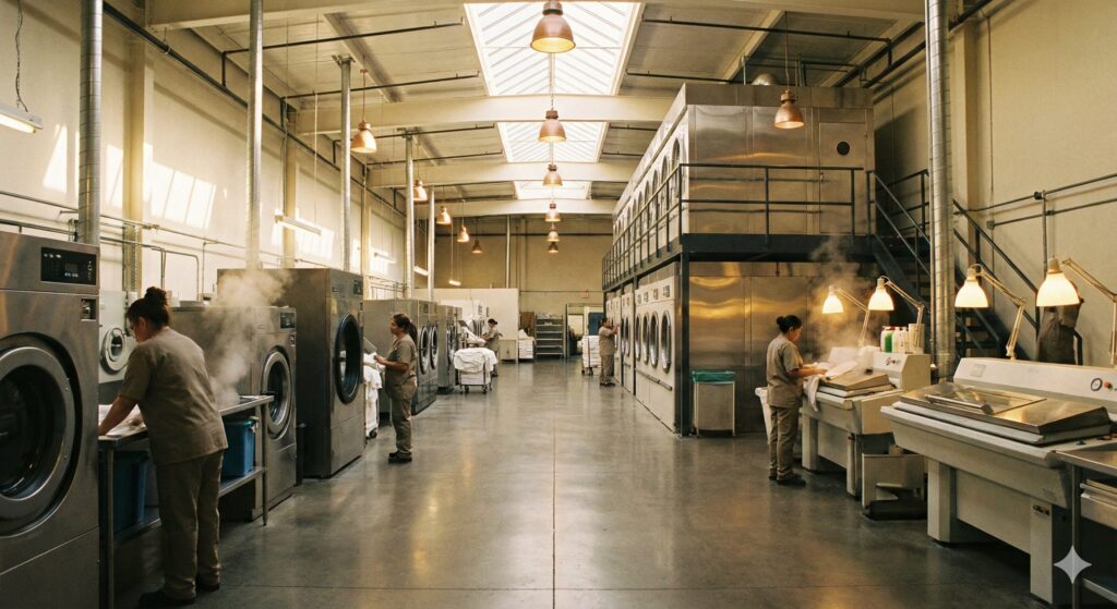 クリーニング工場の内部風景：洗浄機やプレス機が並ぶ清潔な空間