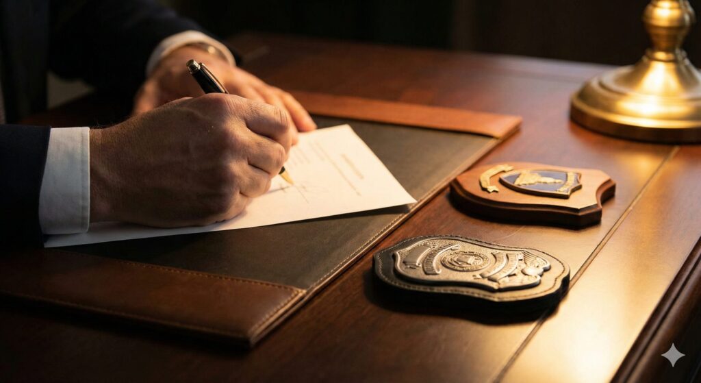 信頼度のイメージ：書類にサインする手元と認証バッジ