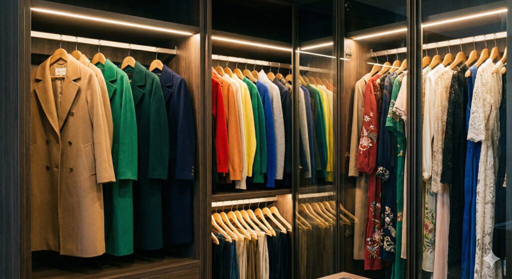 きれいに整列した高級衣類のクローゼット