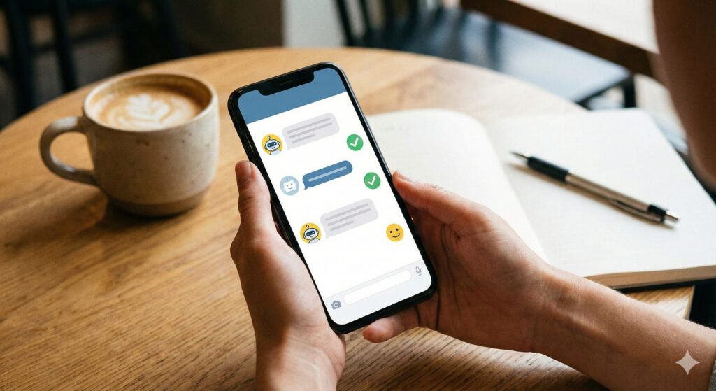 スマートフォンでチャットサポートを利用している手元 