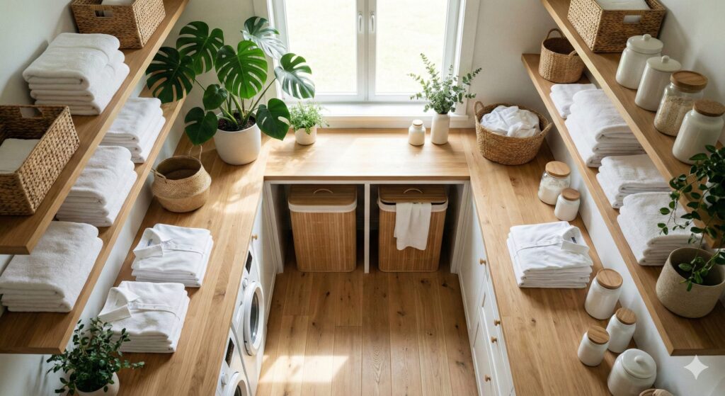 きれいに畳まれた衣類が並ぶ清潔なランドリールーム