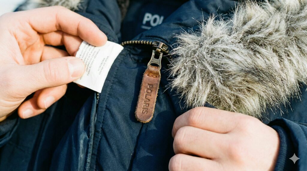 衣類の洗濯タグや素材を確認している手元のクローズアップ。革の引手やファーに注目している様子