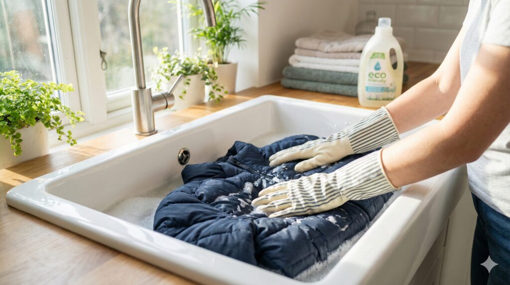 洗面所でジャンパーを手洗いしている様子。たらいに水を張り、優しく押し洗いしている。清潔感のある明るい写真