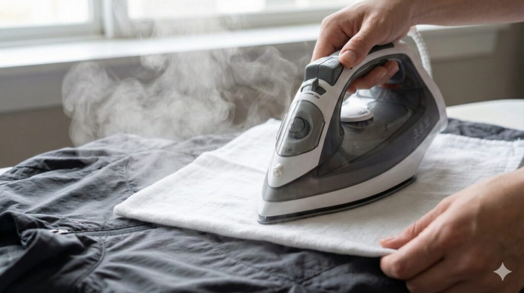 アイロンを当て布越しにジャンパーにかけているシーン。スチームが出ている