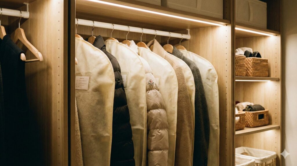 クローゼットにかかっているジャンパー。ビニールカバーではなく、不織布のカバーがかかっている良い例