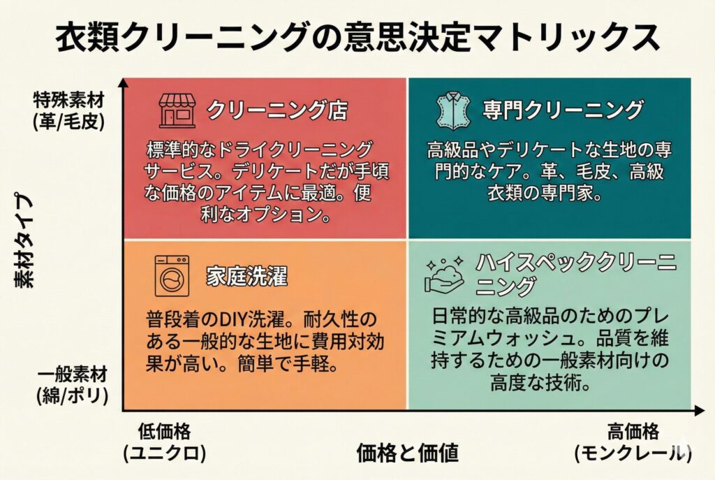 ジャンパーのクリーニングを洗濯でするか、クリーニング店にするかを図解したマトリクス