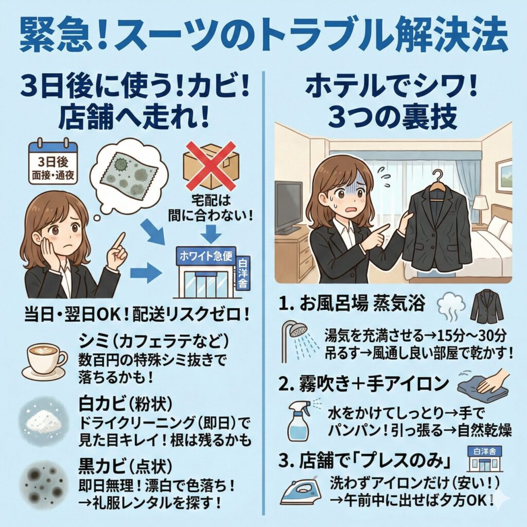 スーツトラブル：しわ・カビ対策を図解で解説