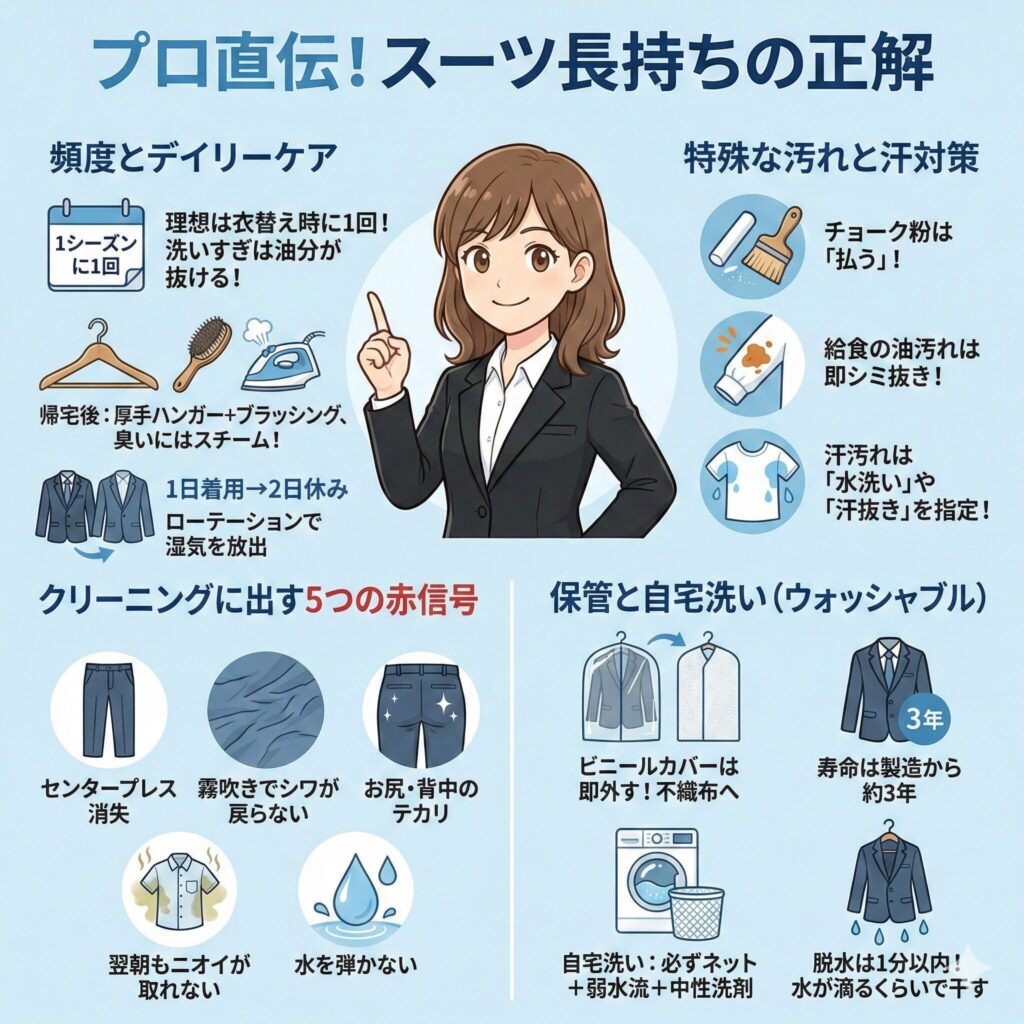 スーツの基礎知識を図解で解説。頻度・日々のケア・洗い方など