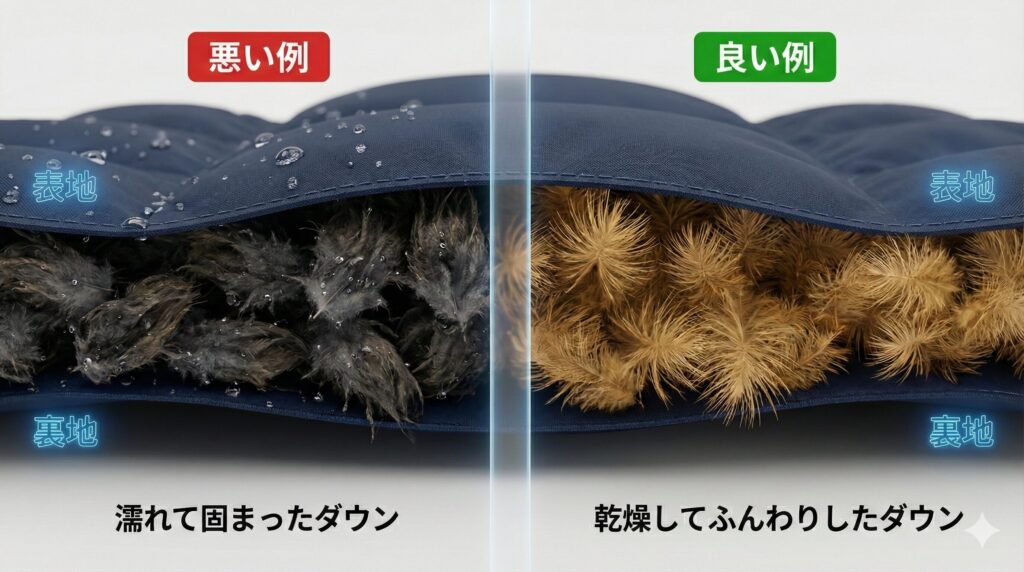 洗った後のダウンの羽毛の良い例と悪い例