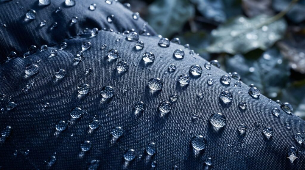 撥水加工されたダウンジャケットが水を弾く様子