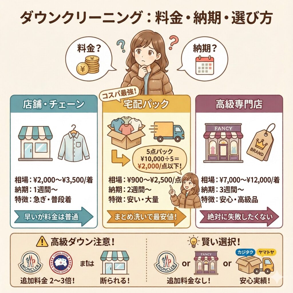 ダウンクリーニングの料金と仕上がり日数の目的別フローチャート