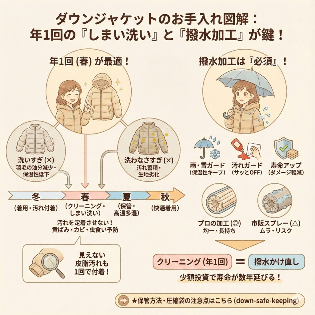 ダウンのクリーニングと撥水加工の頻度