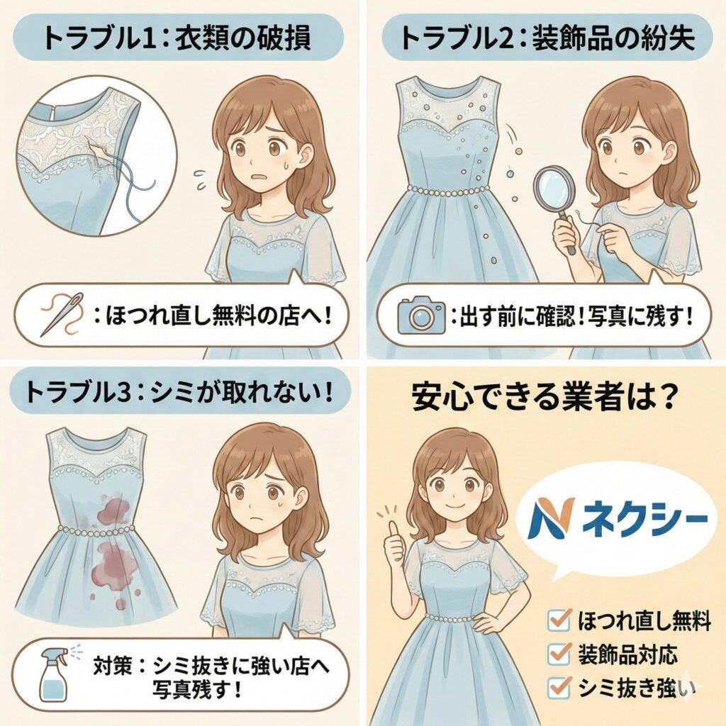 パーティドレスのクリーニングで発生しやすいトラブルと対応策の図解