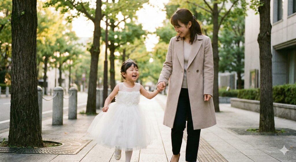 子供用ドレスを着た女の子と笑顔で並んで歩く母親のイメージ