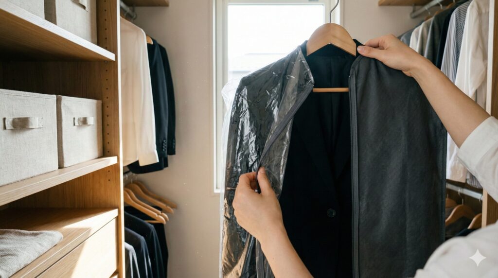 クリーニング後のビニールカバーを外す様子