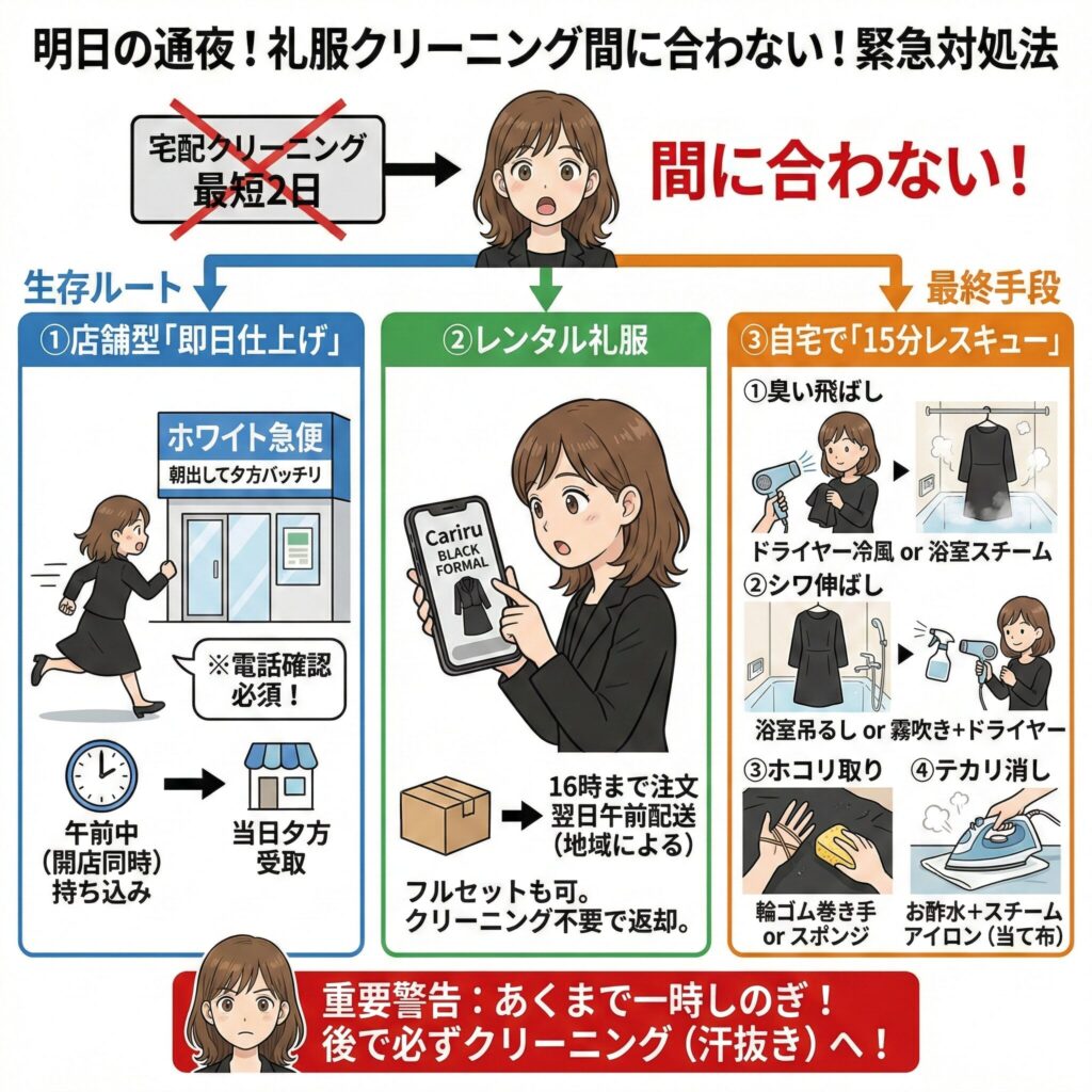 礼服クリーニングが間に合わないときの3つの対処法を図解