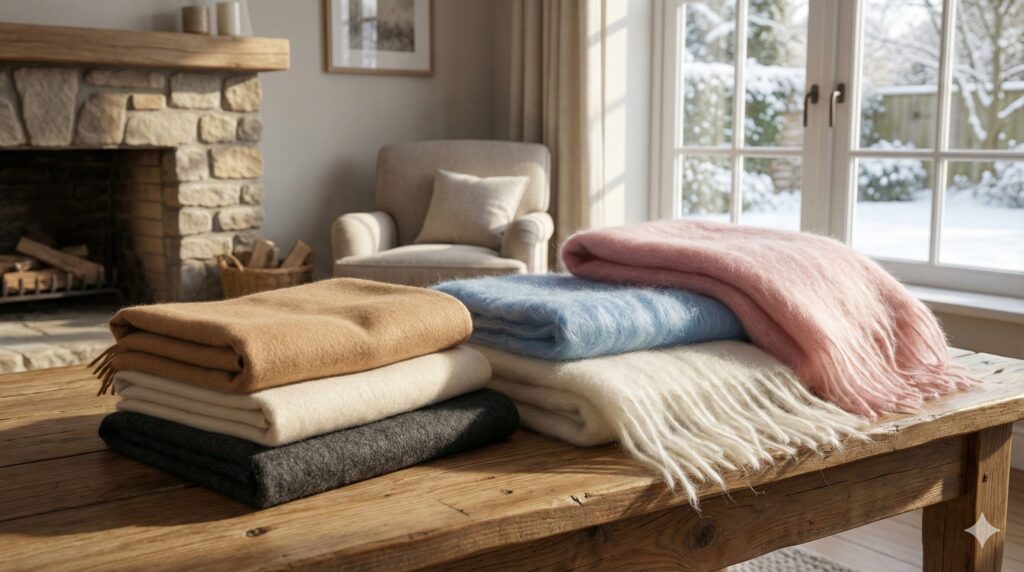 ふんわりとしたカシミヤのマフラーと、スタイリッシュなモヘアのストールが並んでいる。清潔感のあるリビングで、冬の柔らかな日差しが差し込んでいるシーン