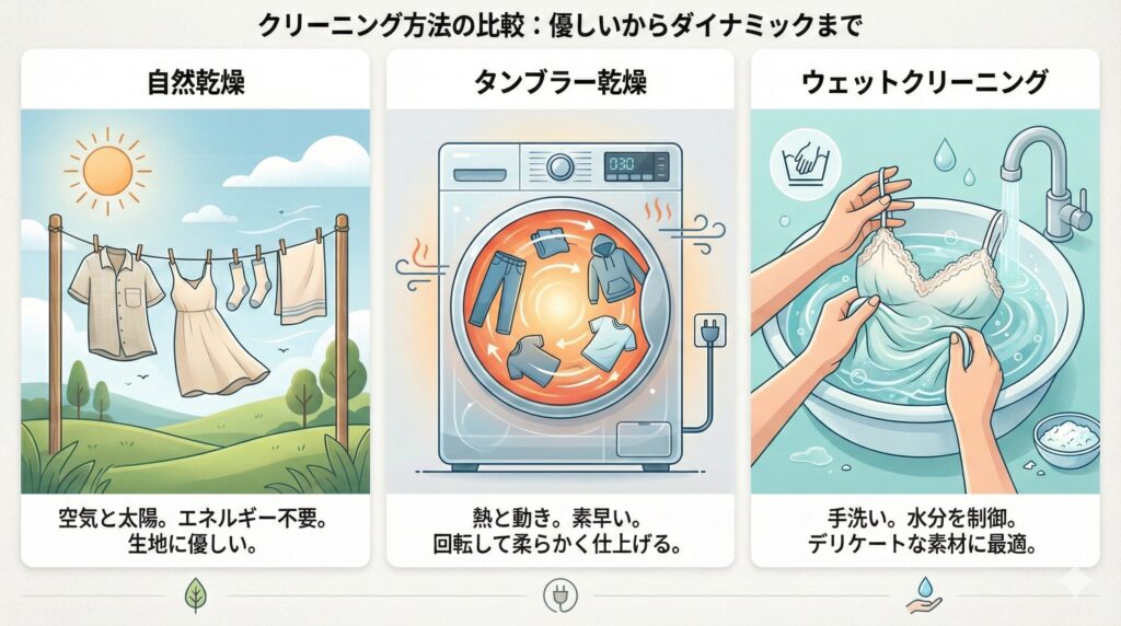 3つのクリーニング方法(自然乾燥、タンブラー乾燥、ウェットクリーニング)を比較する図解イラスト。それぞれの特徴をアイコンで表現