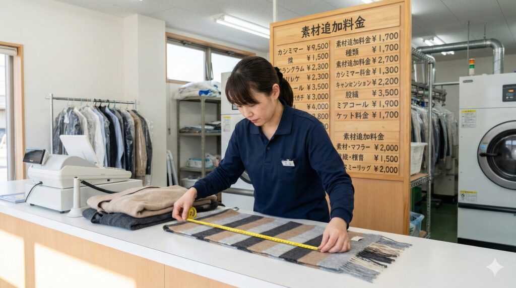 クリーニング店のカウンターで、店員がマフラーのサイズをメジャーで測っている様子。背後の料金表には「素材追加料金」の文字が見える