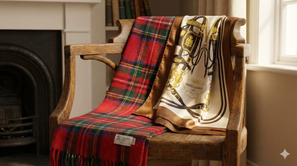ジョンストンズのチェック柄マフラーとエルメスのスカーフが、アンティークな木製チェアの上に置かれている高級感のあるシーン