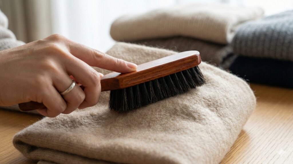女性の手が馬毛ブラシを使って、丁寧にマフラーをブラッシングしているクローズアップ。繊維の流れが整っていく様子