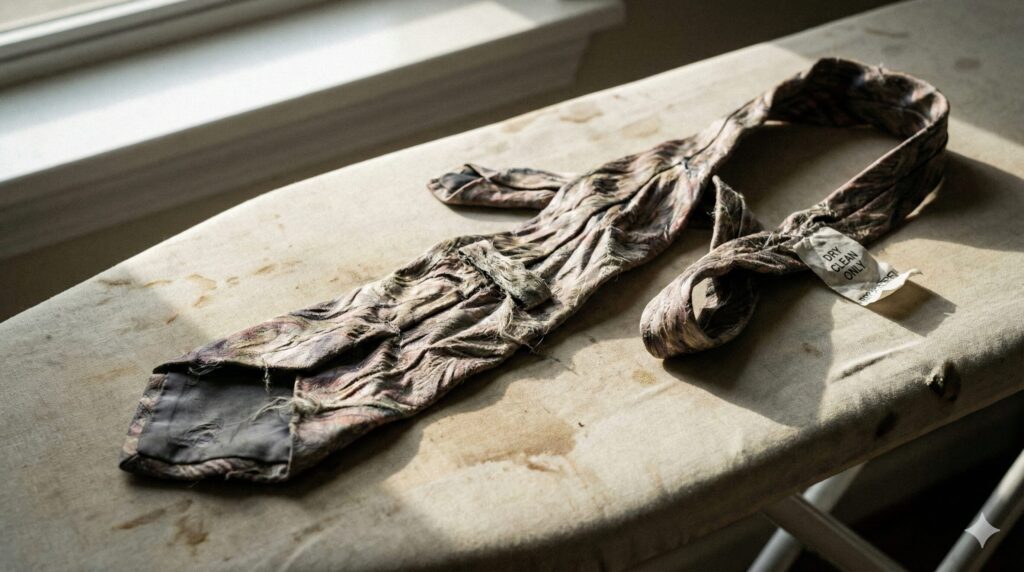 自宅で洗濯してしまい、シワシワでねじれてしまった失敗したネクタイのアップ画像。悲惨な状態を強調