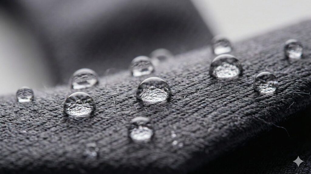 撥水加工されたネクタイが水を玉のように弾いているクローズアップ画像。水滴がコロコロとしている様