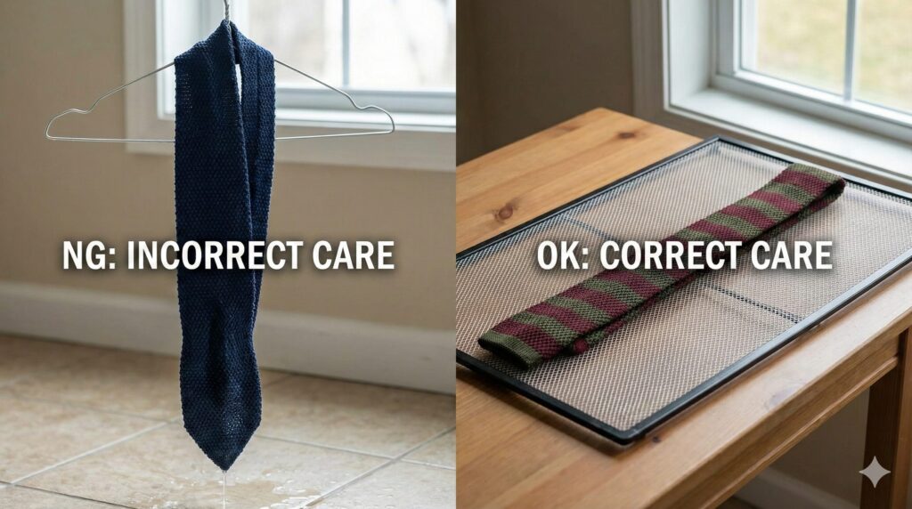 ニットタイがハンガーに吊るされてダラリと伸びてしまっているNG例と、平干しネットの上で綺麗に乾かされているOK例の対比