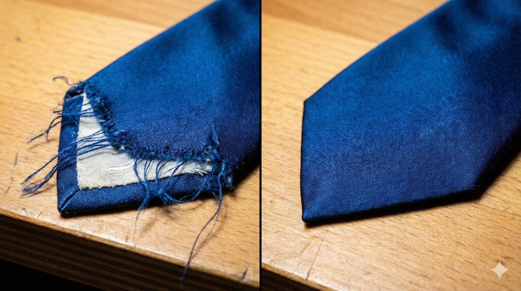 擦り切れてボロボロだったネクタイの剣先が、修理によって新品のように綺麗に整えられたビフォーアフターの接写画像