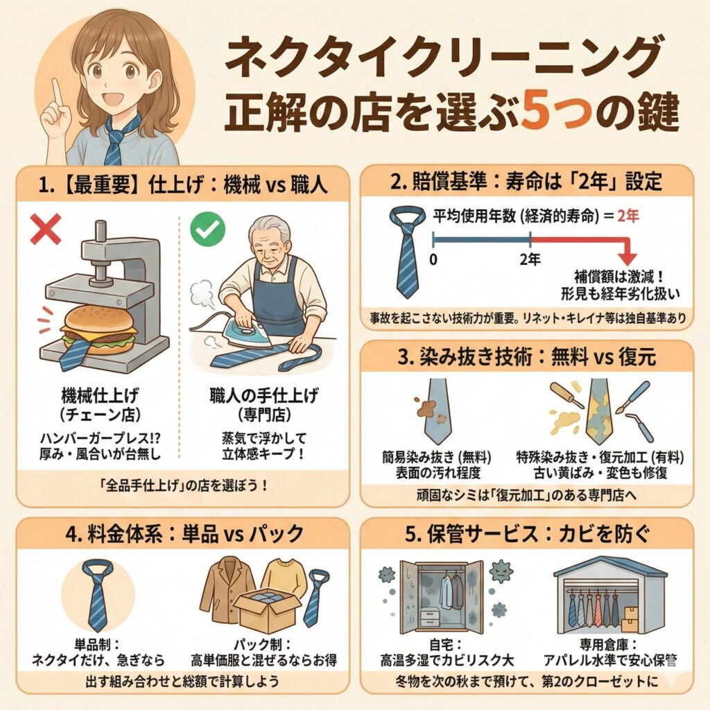 失敗しないネクタイクリーニング店の選び方を図解