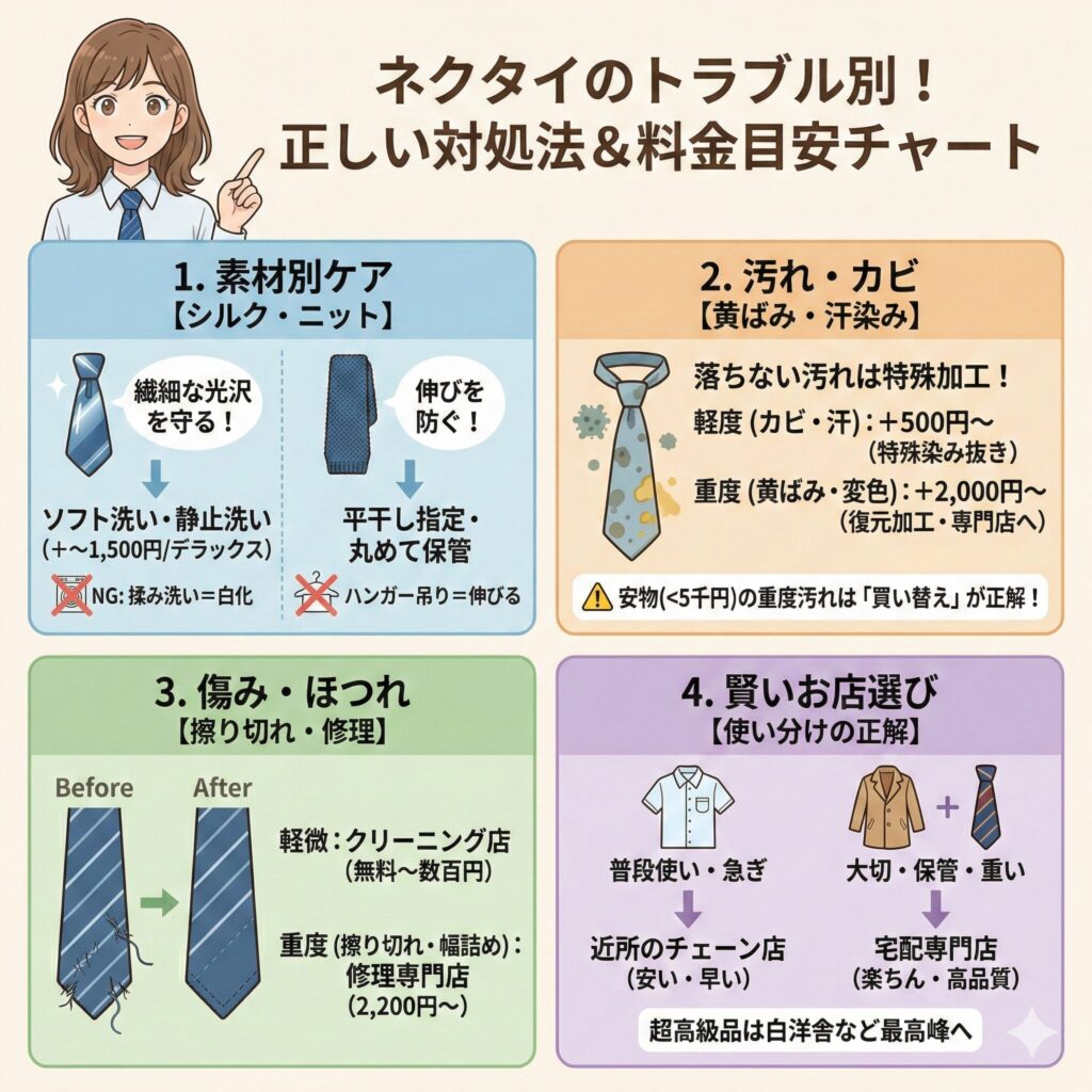 素材・汚れ別にネクタイの料金目安や注意点を図解